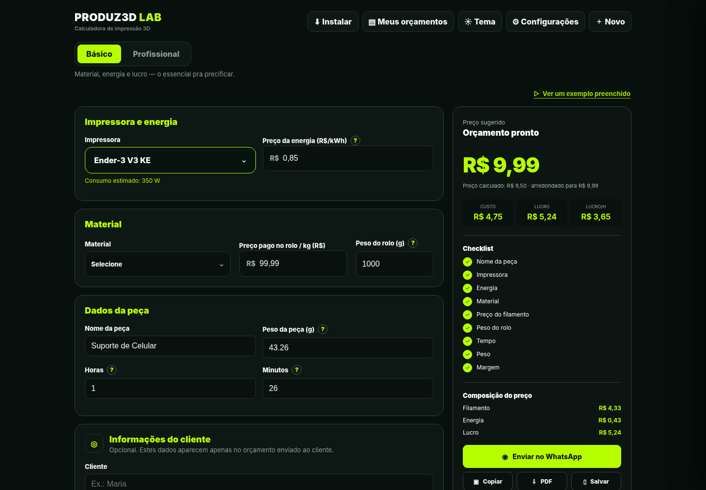 Captura da interface da calculadora PRODUZ3D LAB