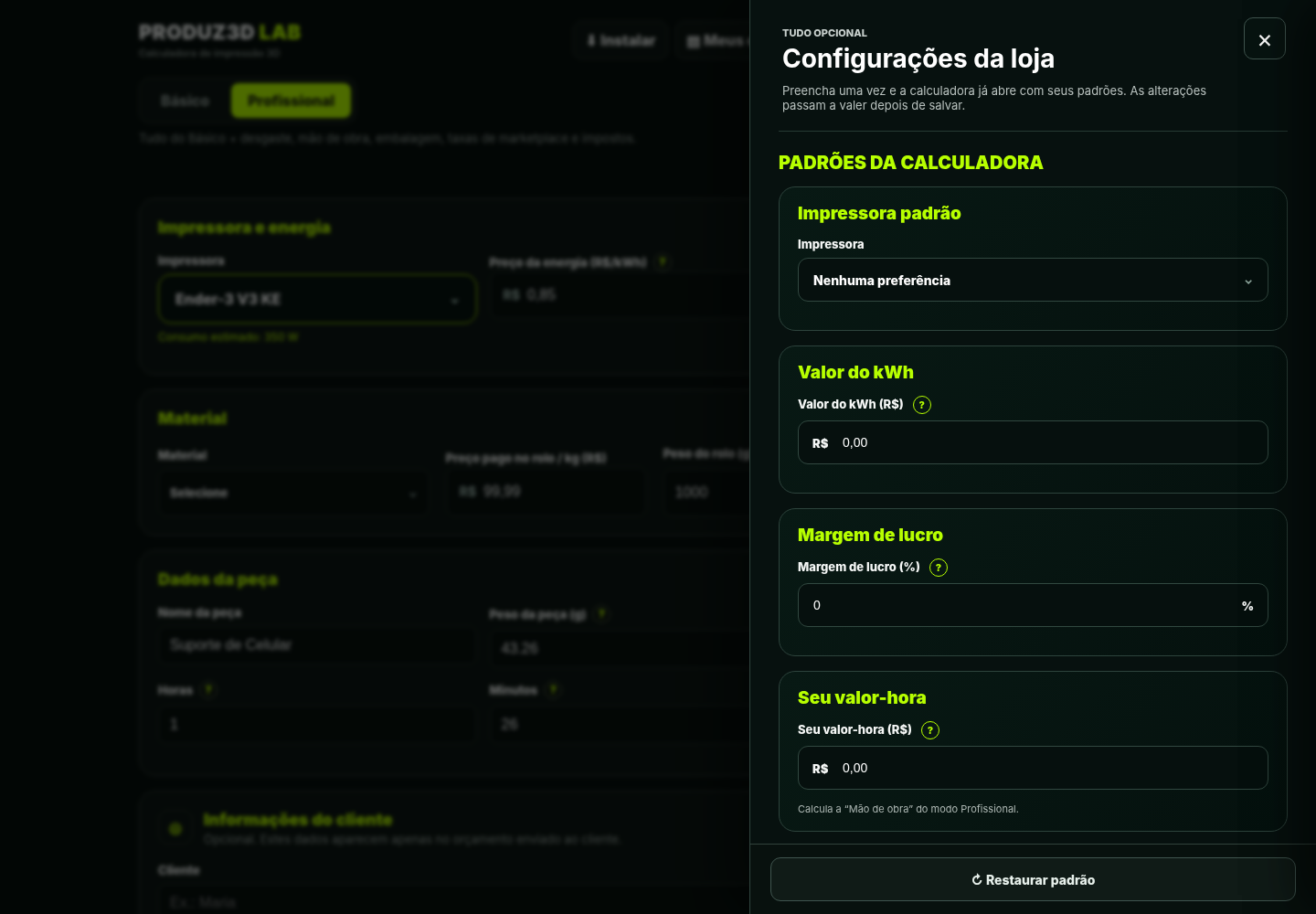Tela de configurações da calculadora