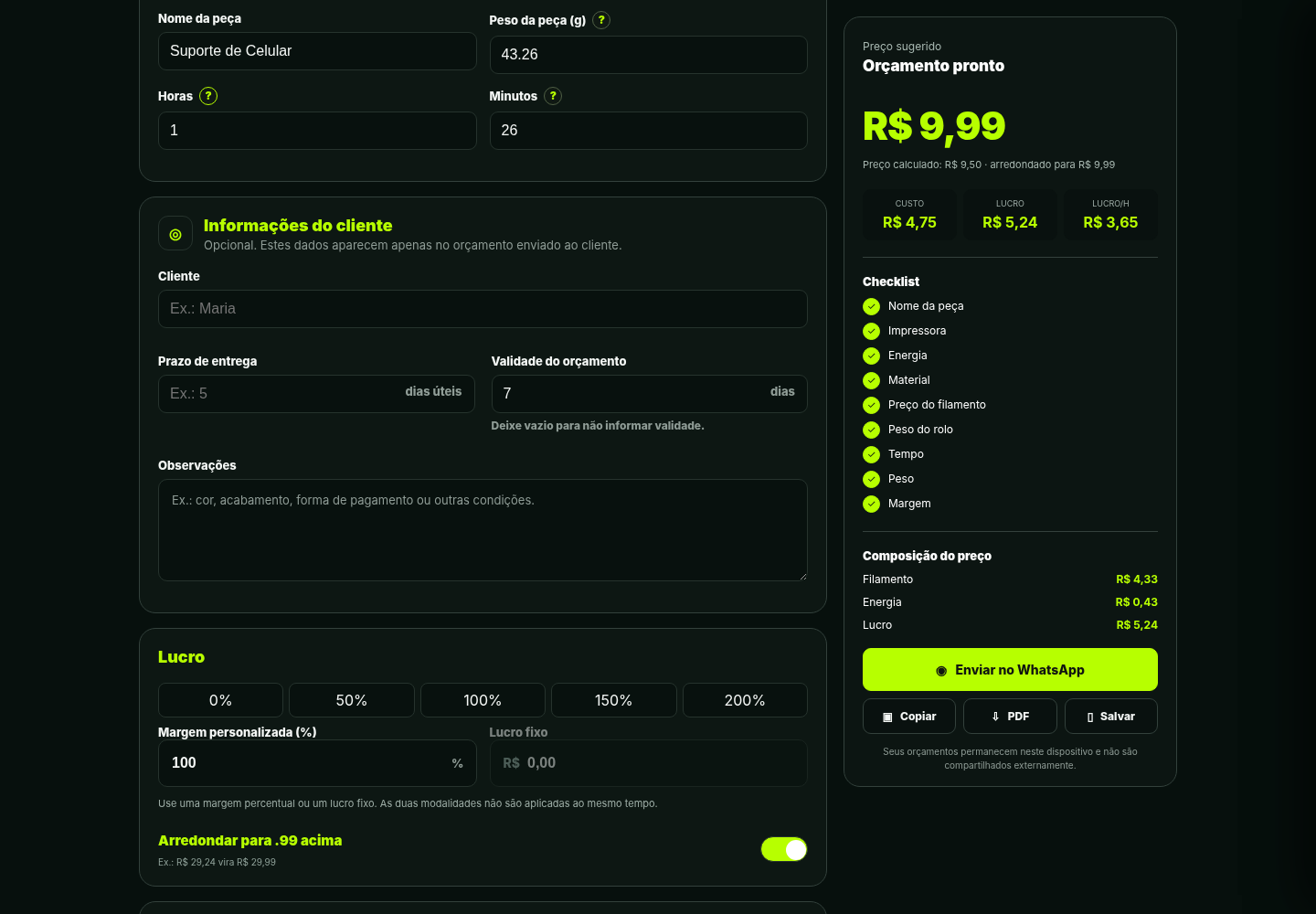 Tela de custos e parâmetros de precificação
