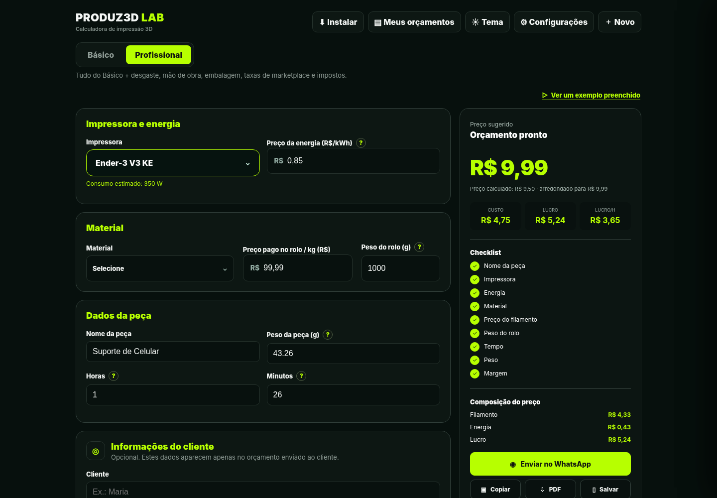 Campos da calculadora de precificação